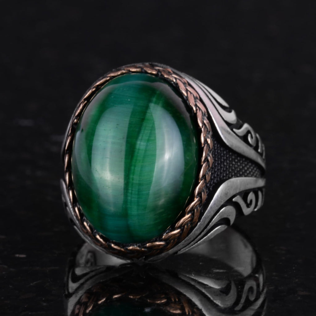 925 Sterling Silver Ring - Synthetic Stone Silver Ring - Handmade Ring (Dark Green Cat's Eye) — 6