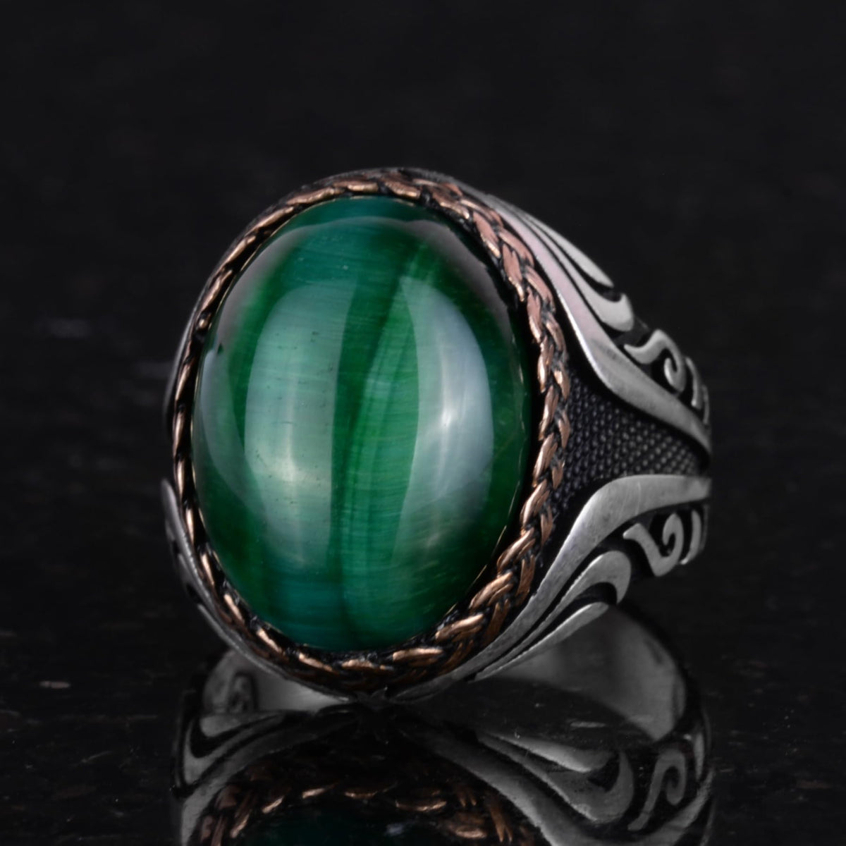 925 Sterling Silver Ring - Synthetic Stone Silver Ring - Handmade Ring (Dark Green Cat's Eye) — 6