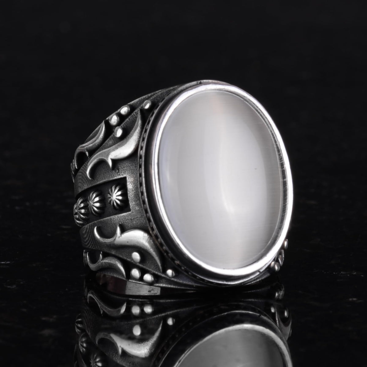 925 Sterling Silver Ring, Designer Silver Men's Ring (White Synthetic Cat's Eye Stone) — 6