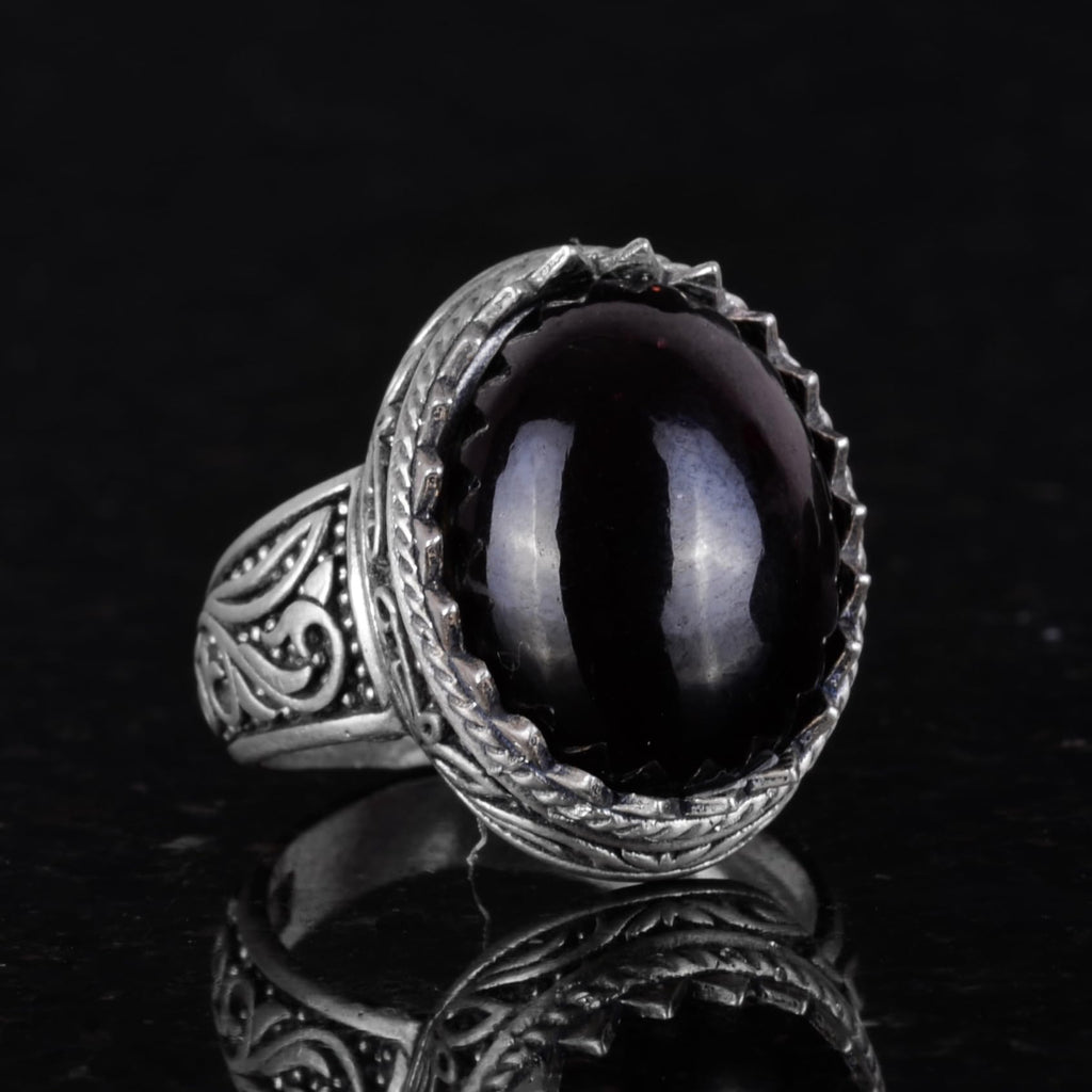KAMBO Handmade Men's Garnet Ring in 925 Sterling Silver - Minimalist Deep Solid Silver Design with Natural Garnet Stone 