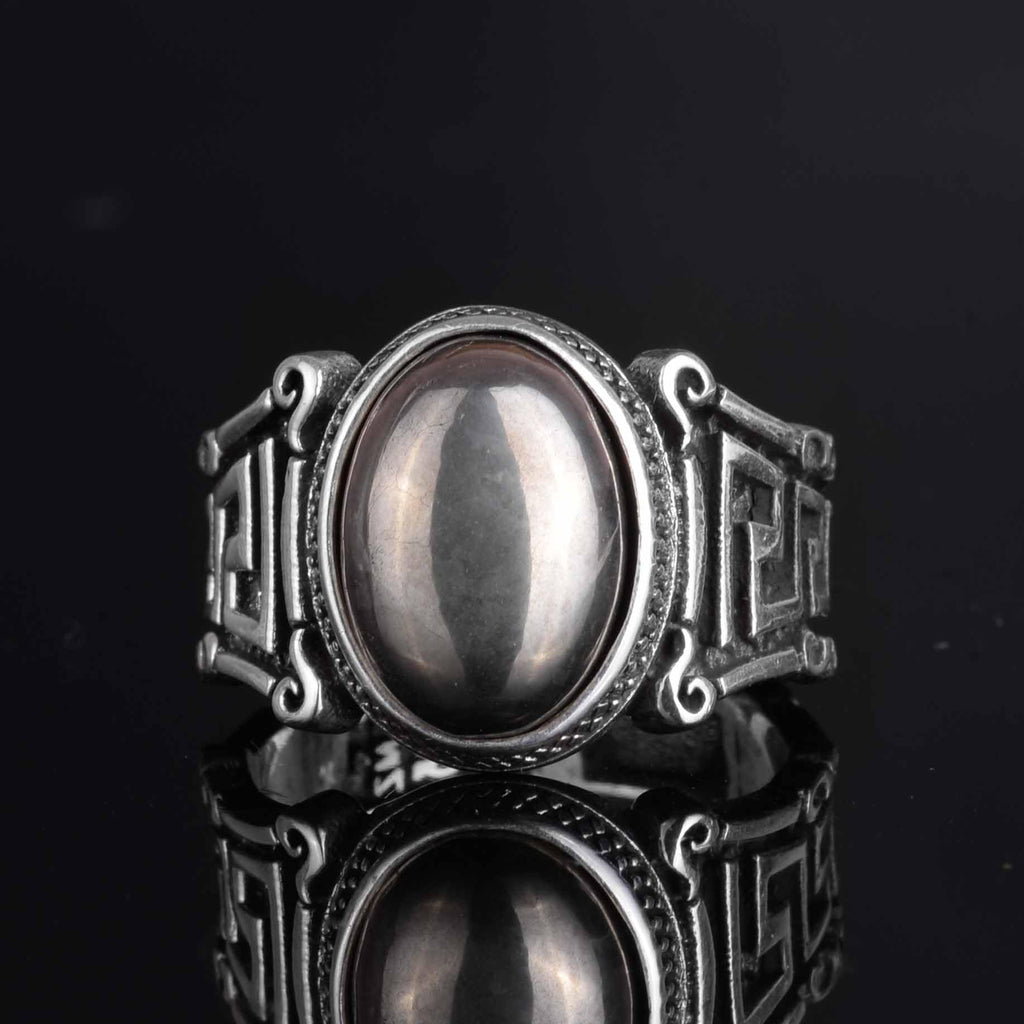KAMBO 925 Sterling Silver Men’s Ring with Pyrite – Handmade Vintage Labyrinth Pattern Statement Ring