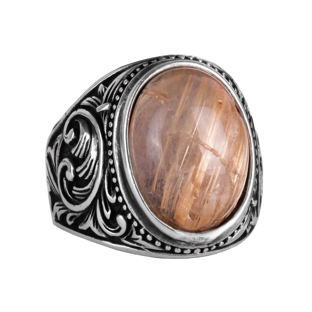 925 Sterling Silver Men's Ring, Natural Cabochon Gold Rutilated Quartz Stone Ring