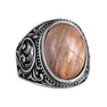 925 Sterling Silver Men's Ring, Natural Cabochon Gold Rutilated Quartz Stone Ring