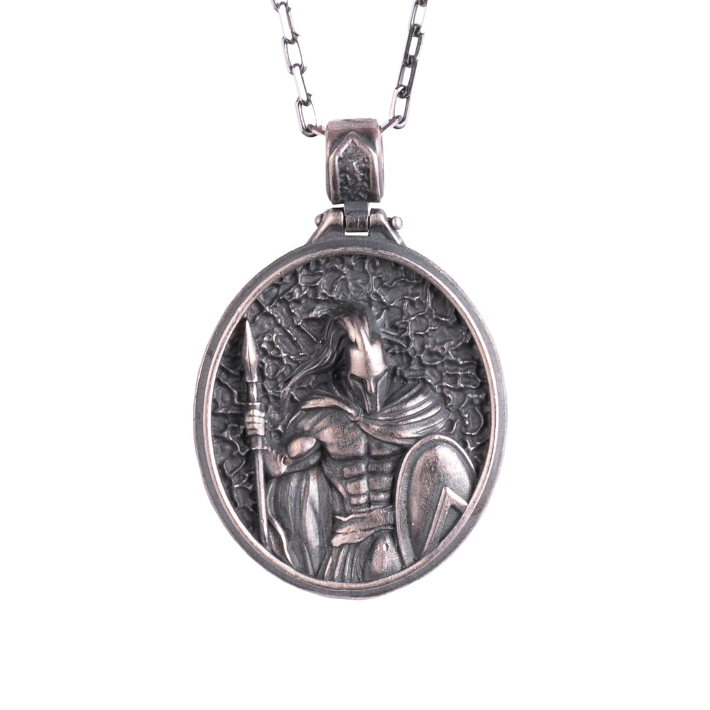 KAMBO 925 Sterling Silver Spartan Warrior Men's Necklace – Handmade Shield and Spear Design Chain Necklace (Silver)