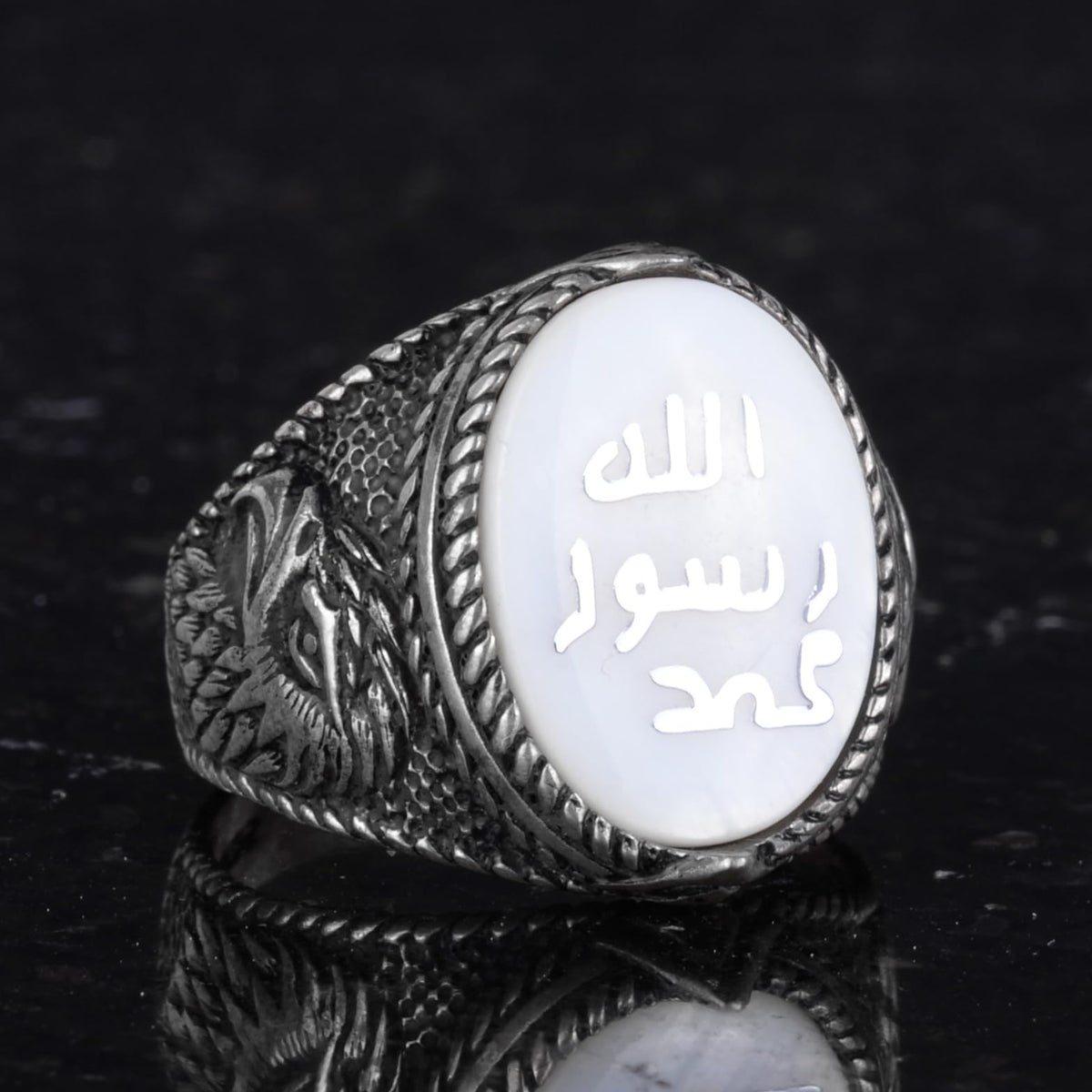 Islamic Men's Ring - Eagle Symbol Ring - 925 Sterling Silver Handmade Men's Ring (White) — 5