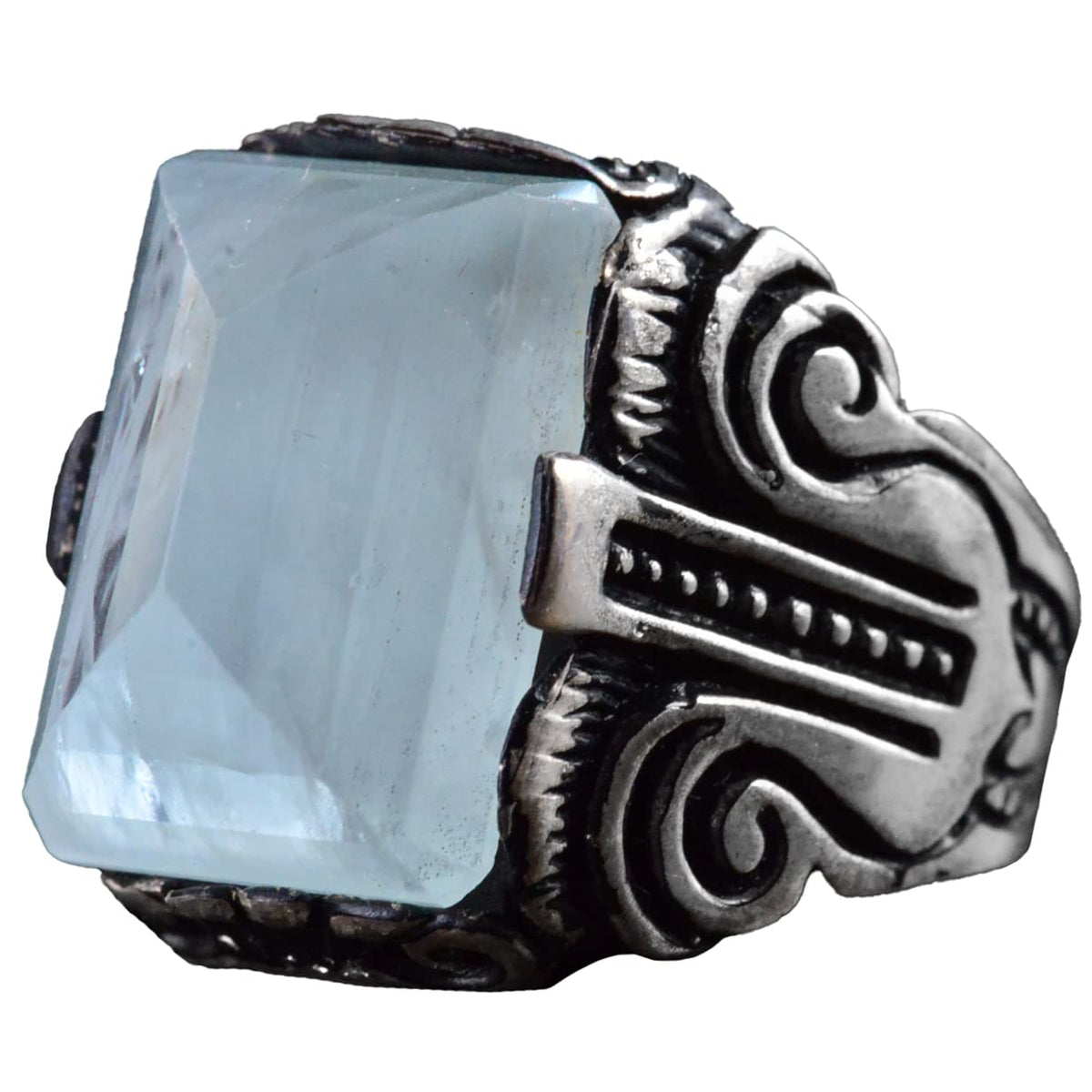 KAMBO Handmade Genuine Natural Aquamarine Gemstone Men's Ring, 925 Sterling Silver, Elegant Vintage Statement Design, Bi