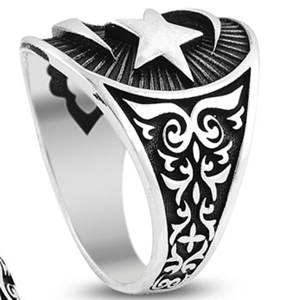 Silver Men's Moon Star Ring - Symbolic Islamic Jewelry, Turkish Flag Ring — 2