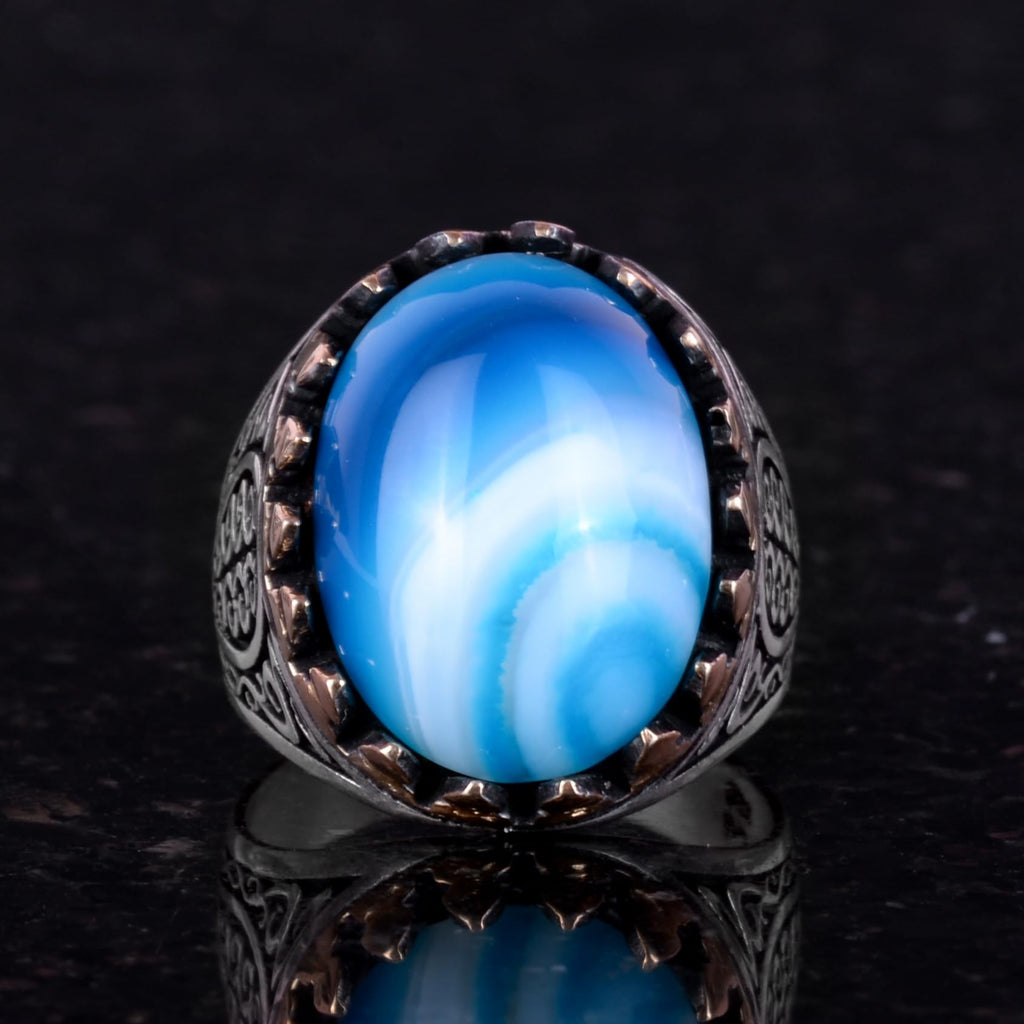 925 Sterling Silver Men's Ring - Handmade Elegance with Natural Stones (Blue Agate) — 4