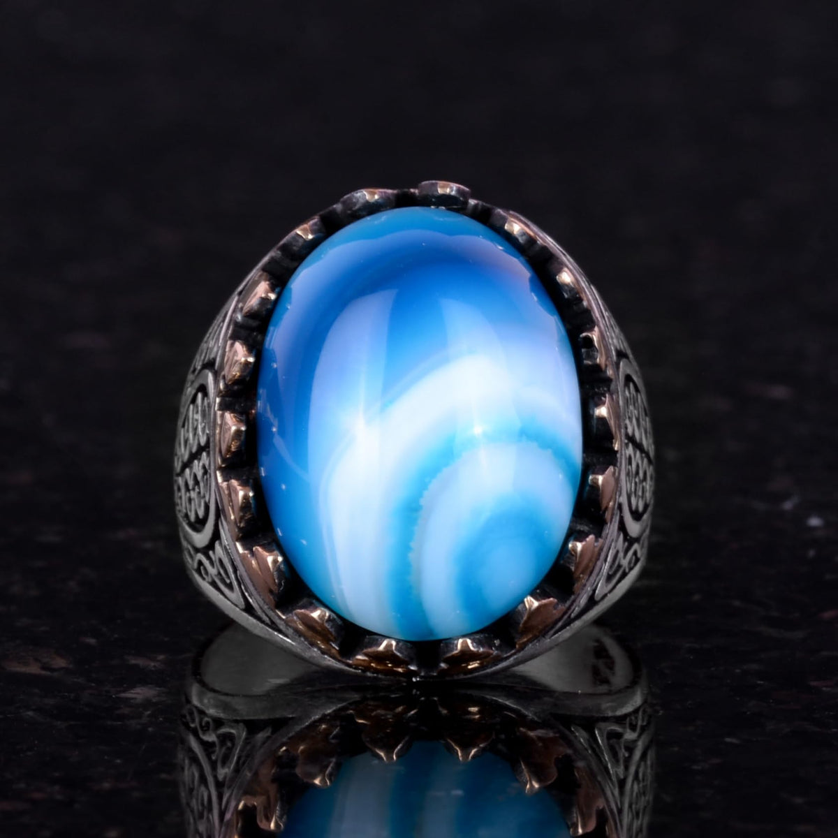 925 Sterling Silver Men's Ring - Handmade Elegance with Natural Stones (Blue Agate) — 4