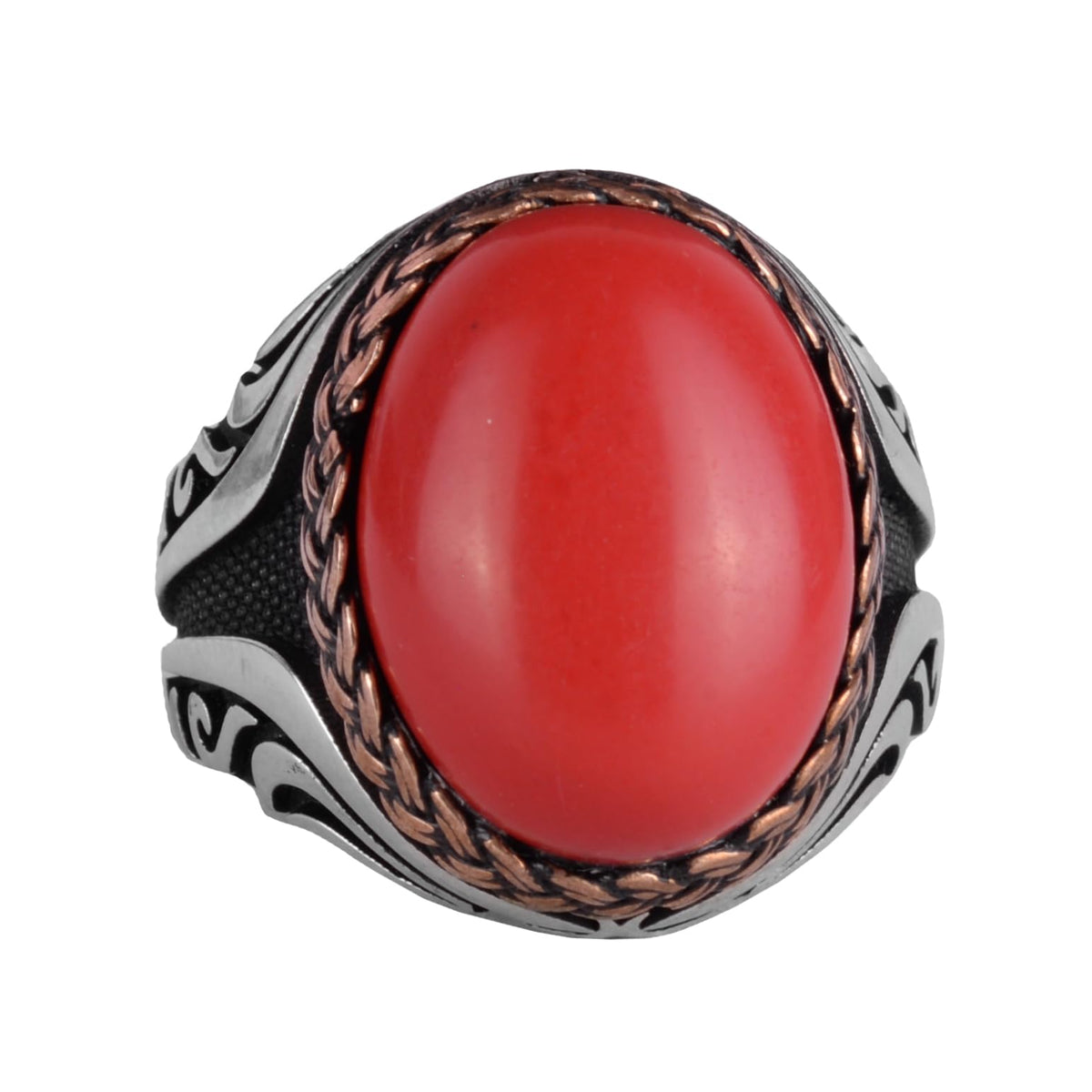 925 Sterling Silver Ring - Artificial Stone Silver Ring - Handmade Ring (Artificial Red Coral)