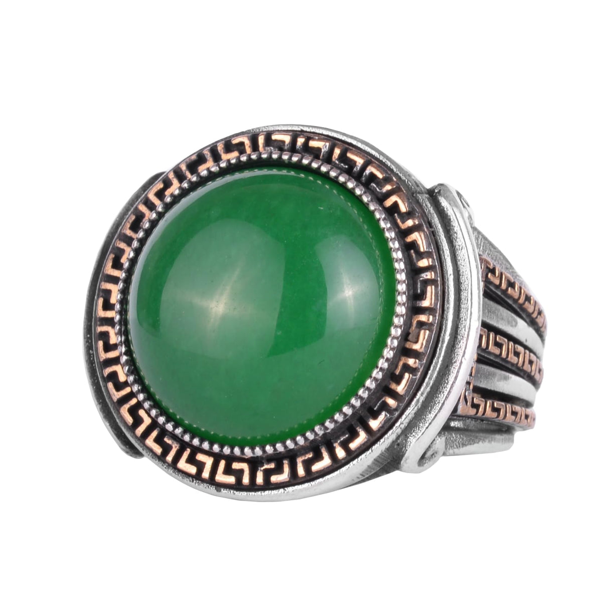 KAMBO Stone Round Men's Ring 925 Sterling Silver – Cabochon Handmade Vintage Greek Pattern Statement Ring (Jade)
