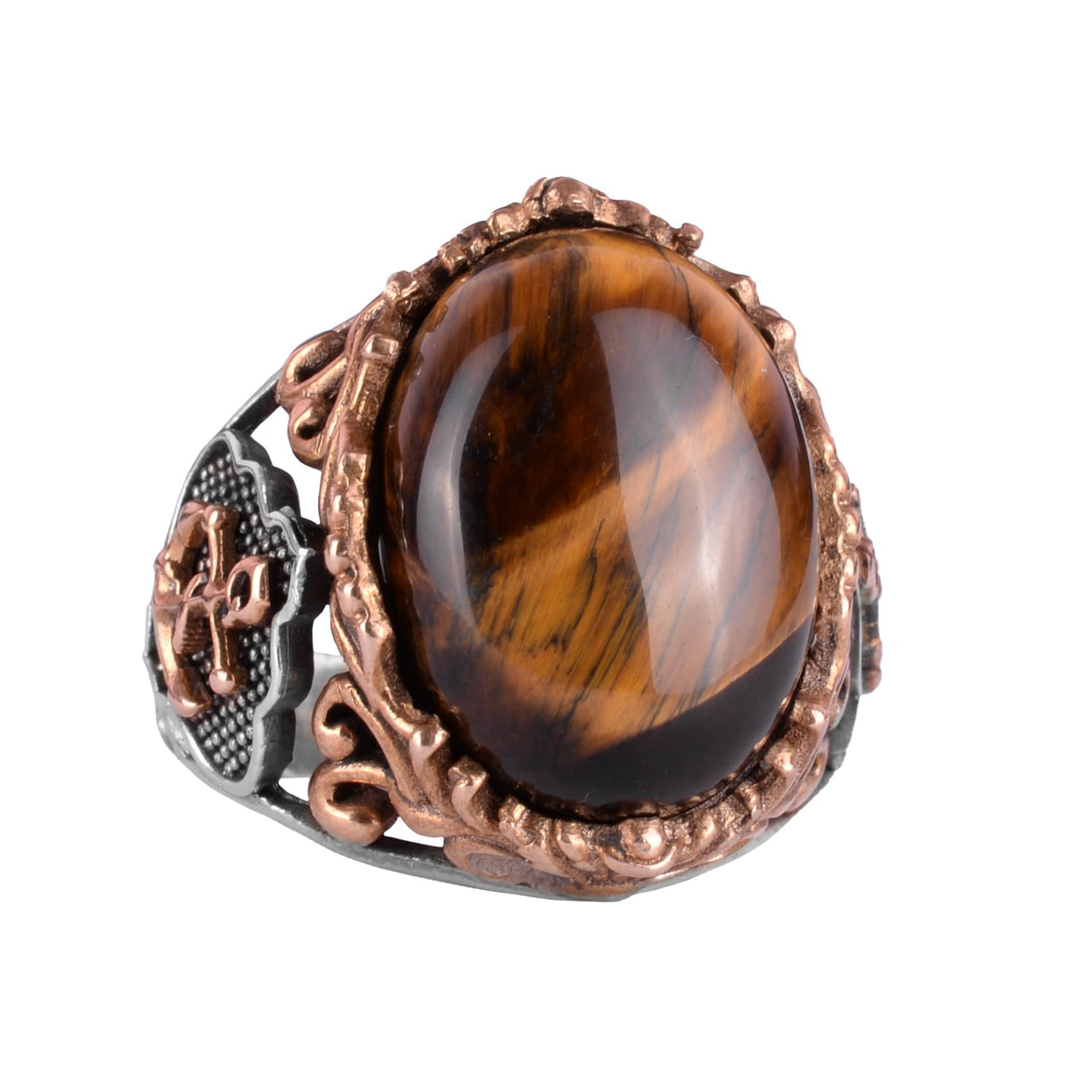 Real Tiger Eye Natural Stone Ring, Anchor Ring, Sailor Men's Ring, 925 Sterling Silver Ring