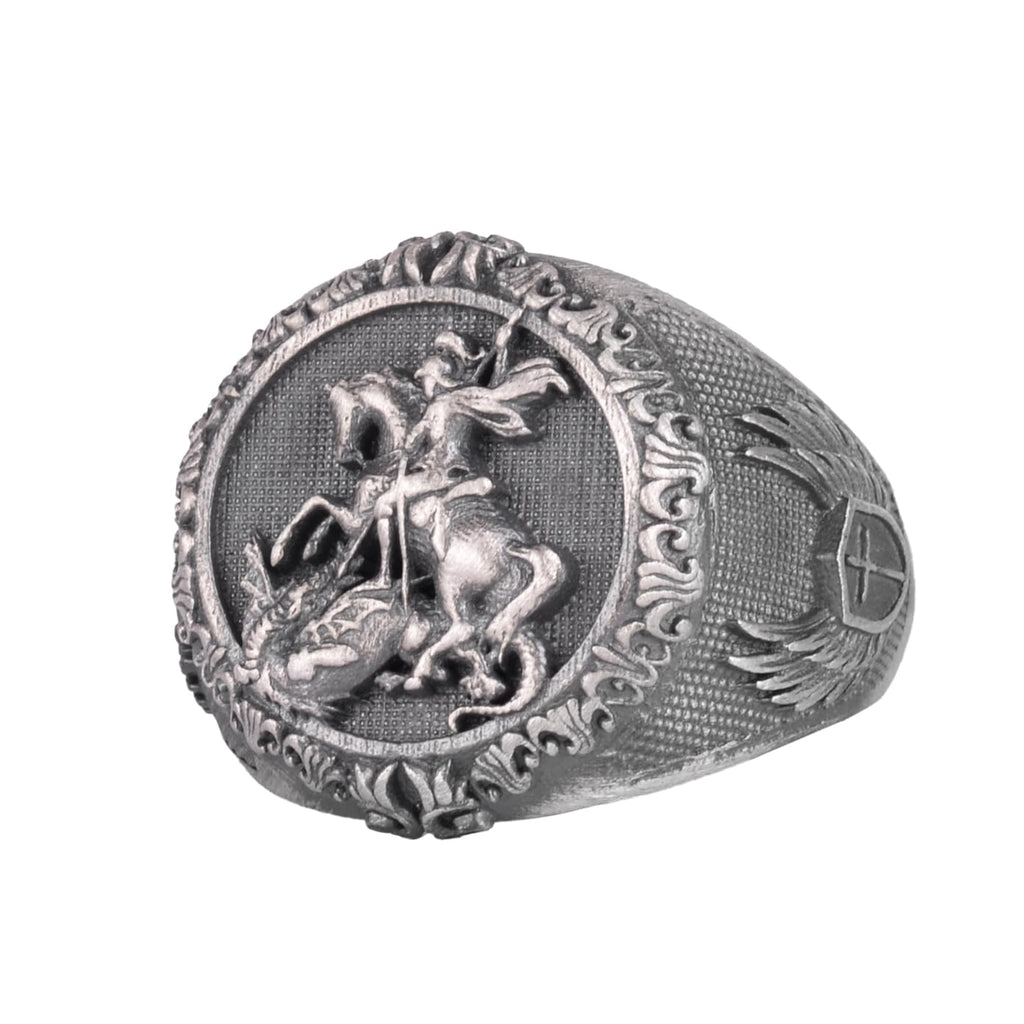 KAMBO 925 Sterling Silver Saint George and Dragon Ring – Handmade Religious Men's Ring – Courage and Protection Symbol Jewelry