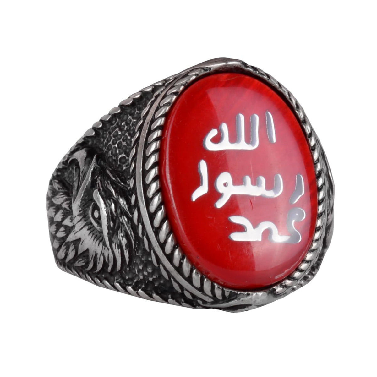 Islamic Men's Ring - Eagle Symbol Ring - 925 Sterling Silver Handmade Men's Ring (Red)