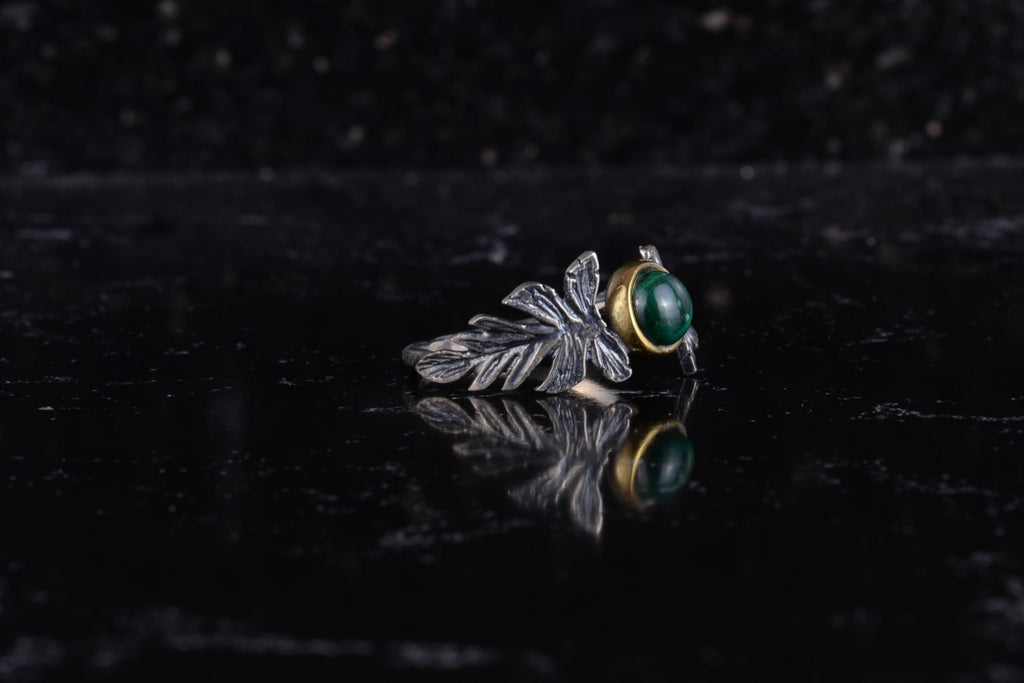 KAMBO Natural Malachite Stone Women's Ring 925 Sterling Silver Leaf Design Adjustable Handmade Ring — 6