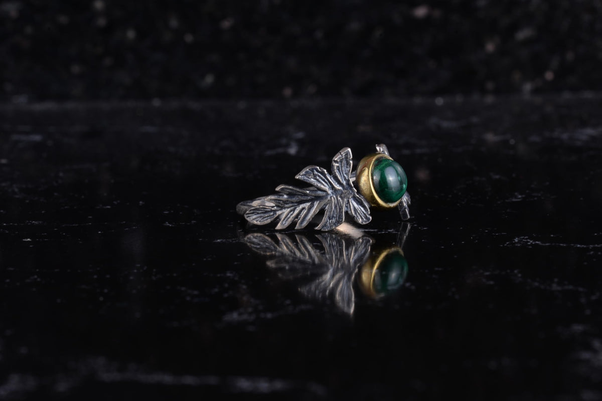 KAMBO Natural Malachite Stone Women's Ring 925 Sterling Silver Leaf Design Adjustable Handmade Ring — 6