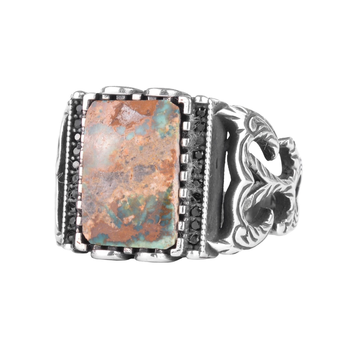 KAMBO Natural Turquoise Stone Men's Ring 925 Sterling Silver Rectangular Handmade Geometric Ring (Turquoise-2)