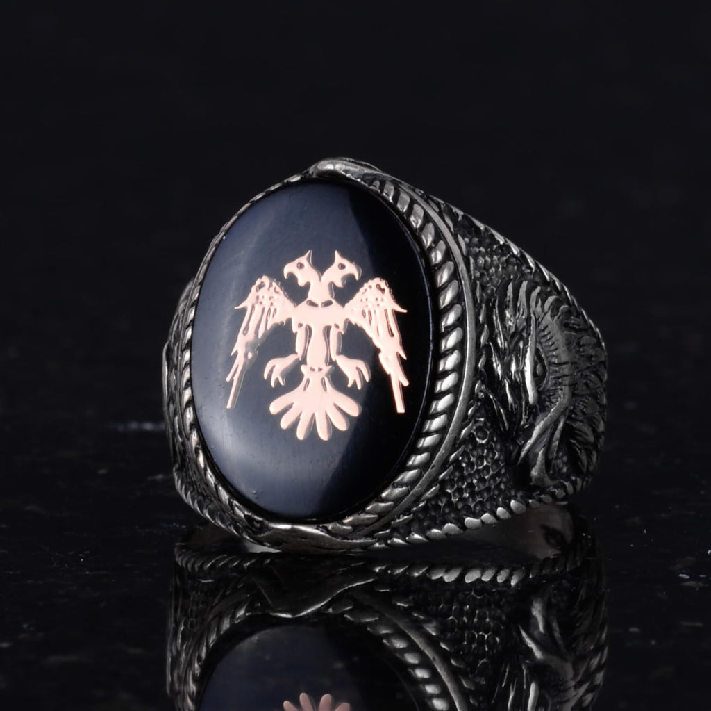 Men's Double-Headed Eagle Ring - Eagle Symbol Jewelry - 925 Sterling Silver Handcrafted Men's Ring (Black) — 6