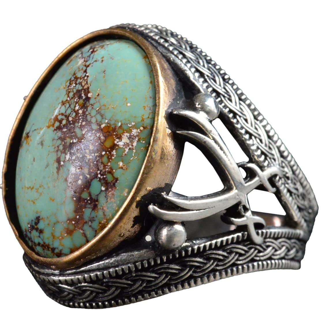 Natural Turquoise Stone Ring - Detailed Men's Ring - 925 Sterling Silver Ring