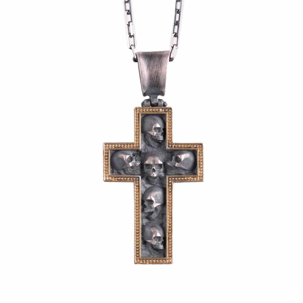 KAMBO 925 Sterling Silver Skull Cross Necklace - Handmade Gothic Pendant with Skull Motif - Symbol of Mortality and Inner Strength (Gold Plated)