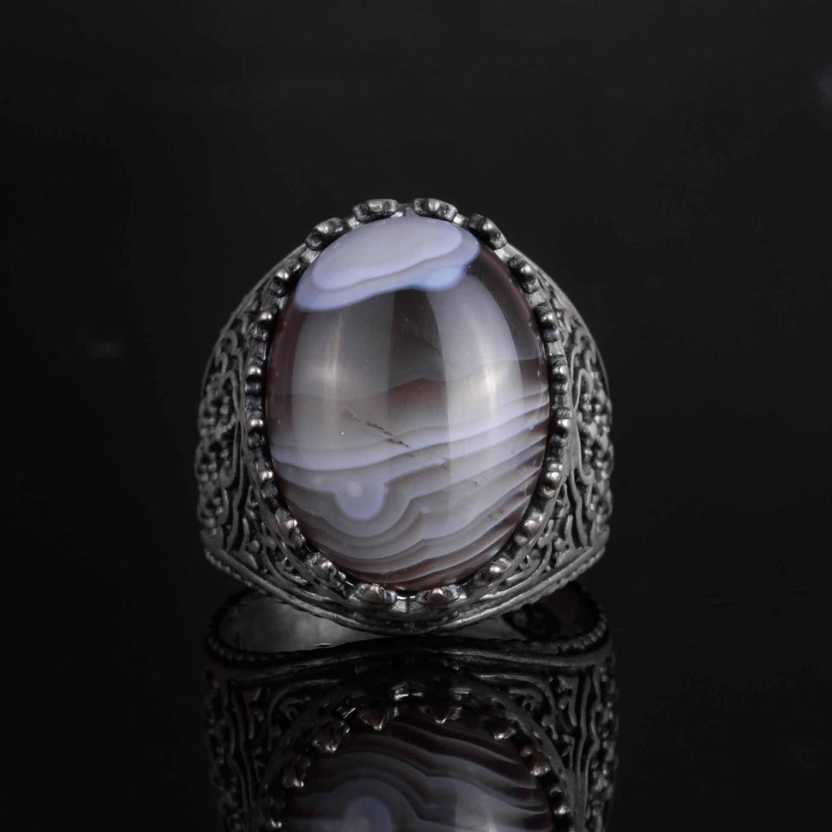 KAMBO Men's Natural Agate Stone Ring – 925 Sterling Silver Handmade Oval Islamic Design – Unique Vintage Men's Jewelry (Style-2) — 4