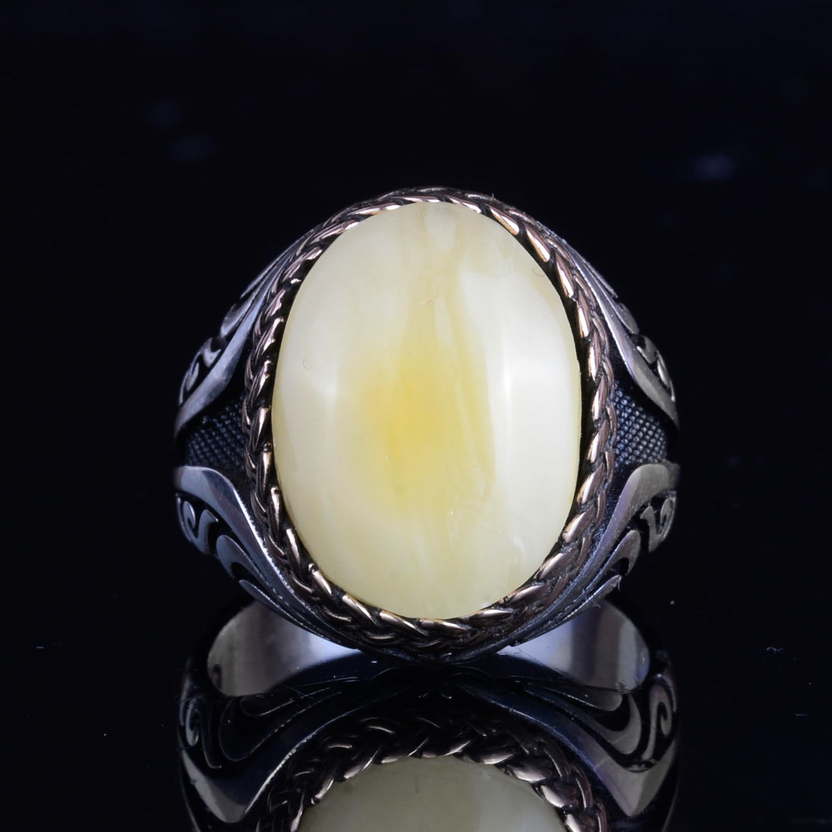 KAMBO Men's Natural Baltic Amber Stone Ring – 925 Sterling Silver Handmade Statement Ring – Authentic Amber Jewelry with Ottoman Style Details (Style-14) — 4