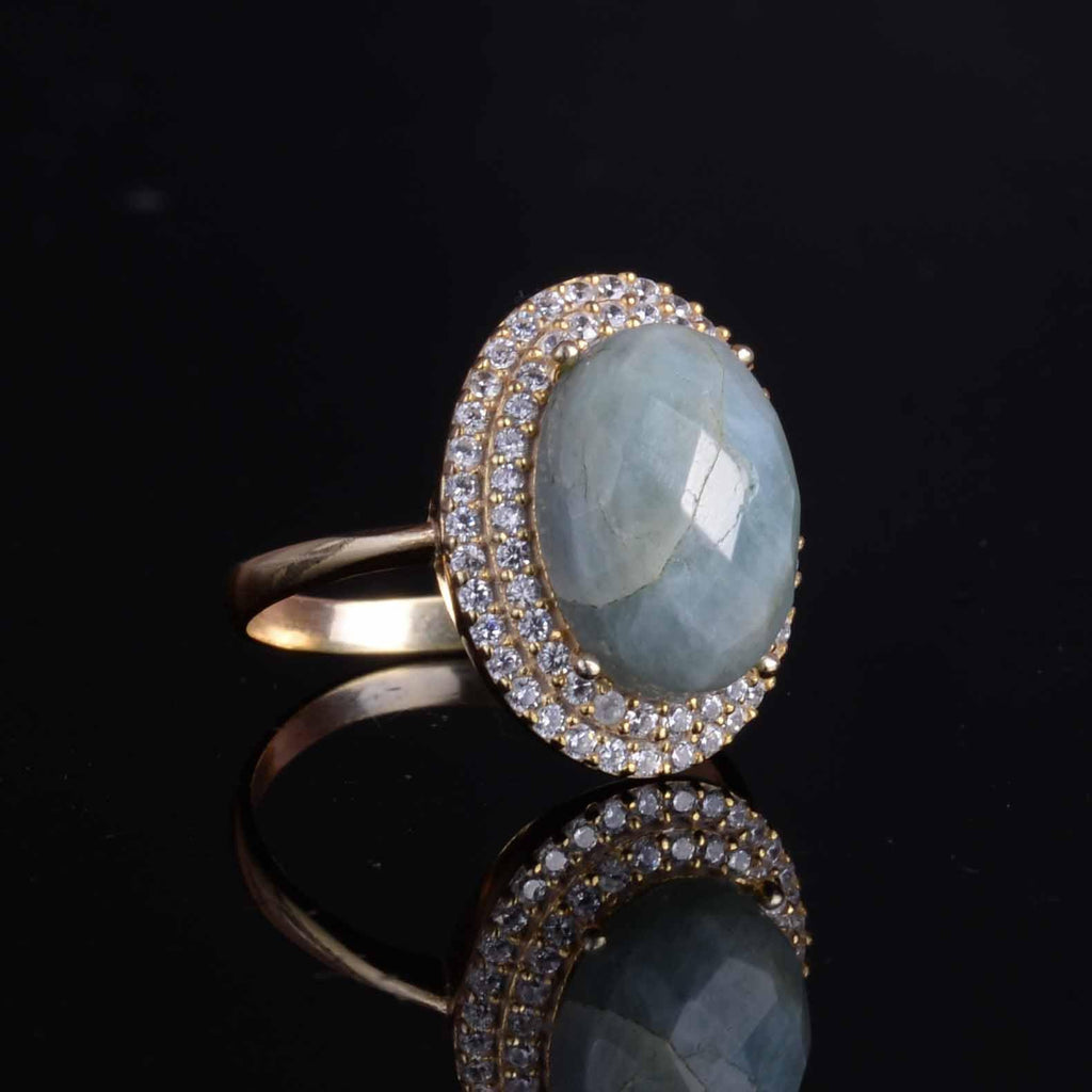 KAMBO 925 Sterling Silver Women's Ring - Oval Natural Stone - Bright Crystal Halo with Gold Plating - Elegant Handmade Jewelry (Aquamarine) — 6