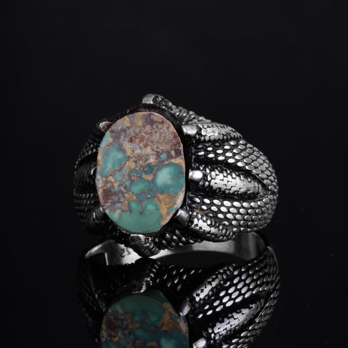 KAMBO 925 Sterling Silver Claw Detailed Natural Turquoise Stone Ring – Handmade Men's Legendary Warrior Jewelry (Style-13) — 5