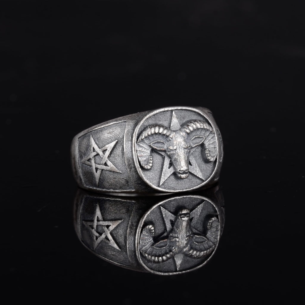 KAMBO 925 Sterling Silver Ram Head Ring – Handmade Men's Statement Ring – Star Designed Ram Symbol – Dark Silver Jewelry — 6