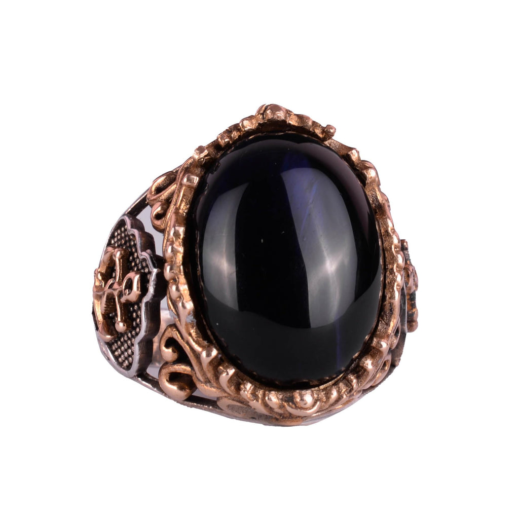 Nautical Anchor Dark Blue Cat's Eye Synthetic Stone Ring, 925 Sterling Silver