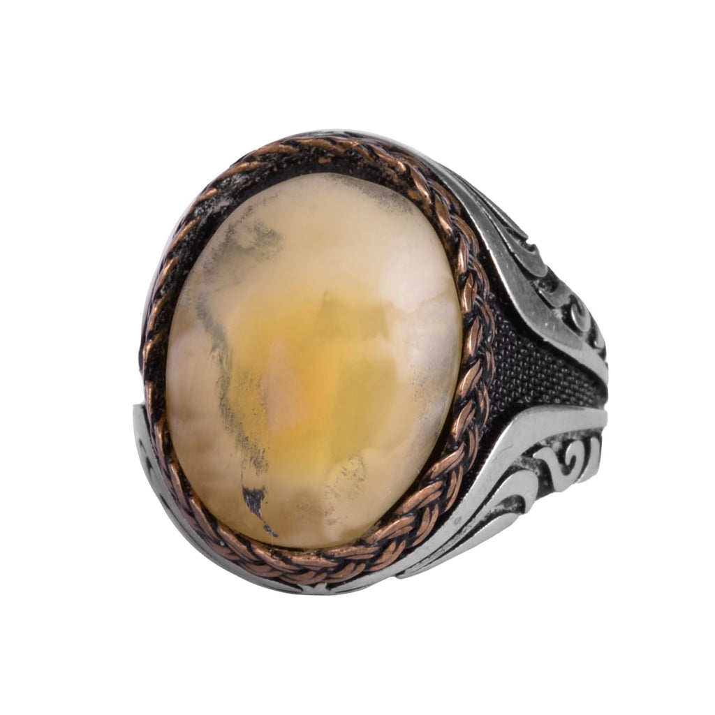 KAMBO Men's Natural Baltic Amber Stone Ring – 925 Sterling Silver Handmade Statement Ring – Authentic Amber Jewelry with Ottoman Style Details (Style-9)