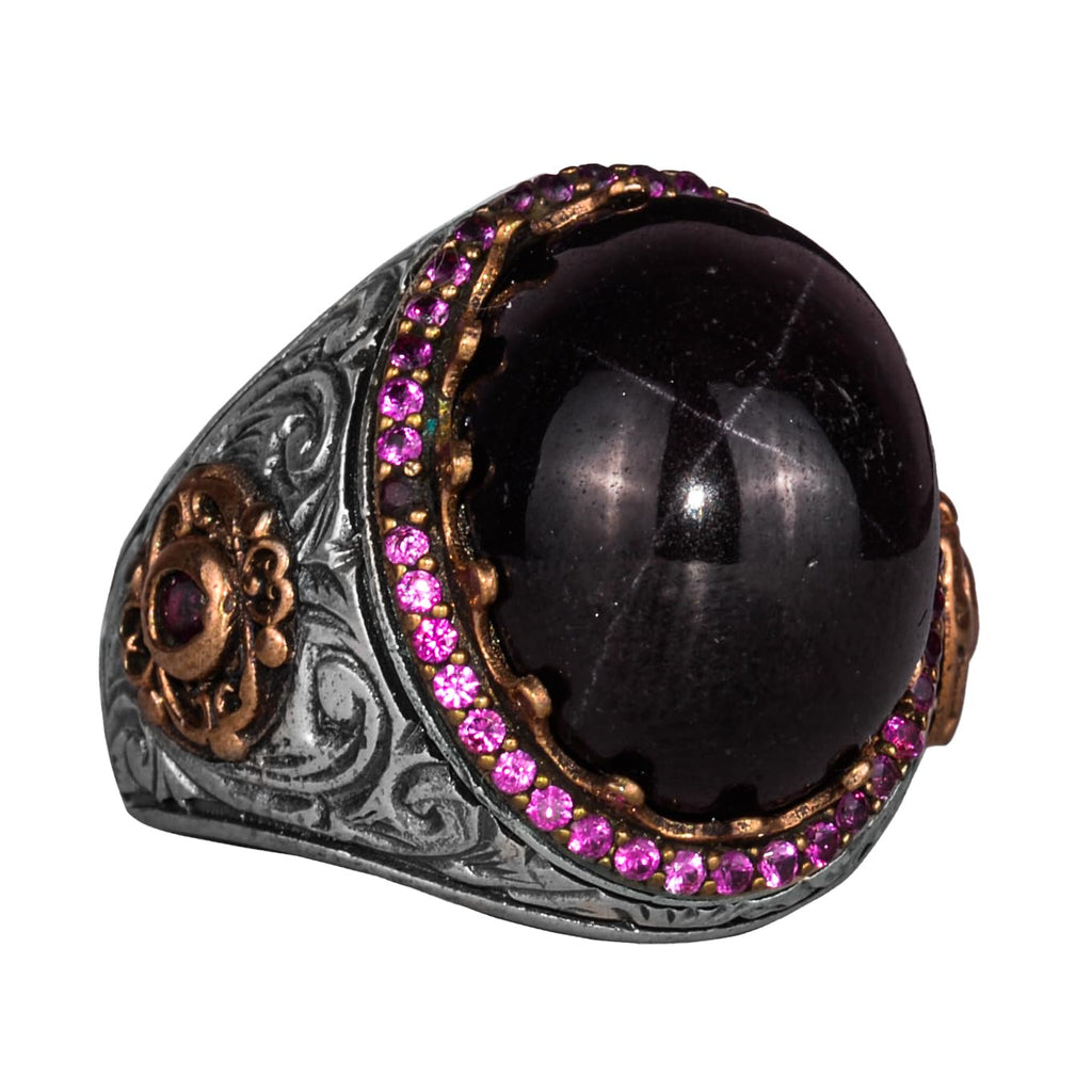 925 Sterling Silver Men's Ring with Natural Star Garnet Stone - Handmade Expressive Jewelry, Gift for Him