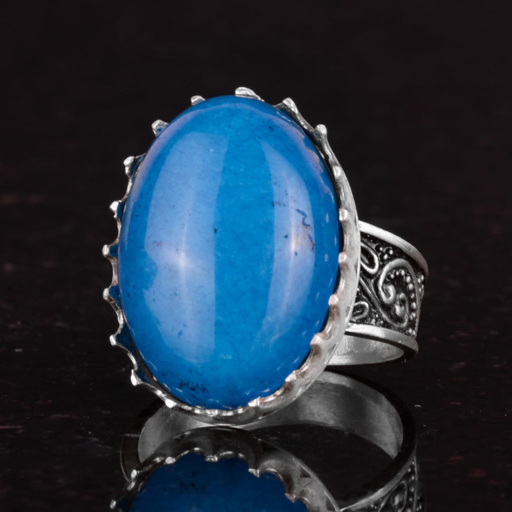 Kambo Real Natural Stone Ring - 925 Sterling Silver Large Handcrafted Ring (Blue Agate) — 6