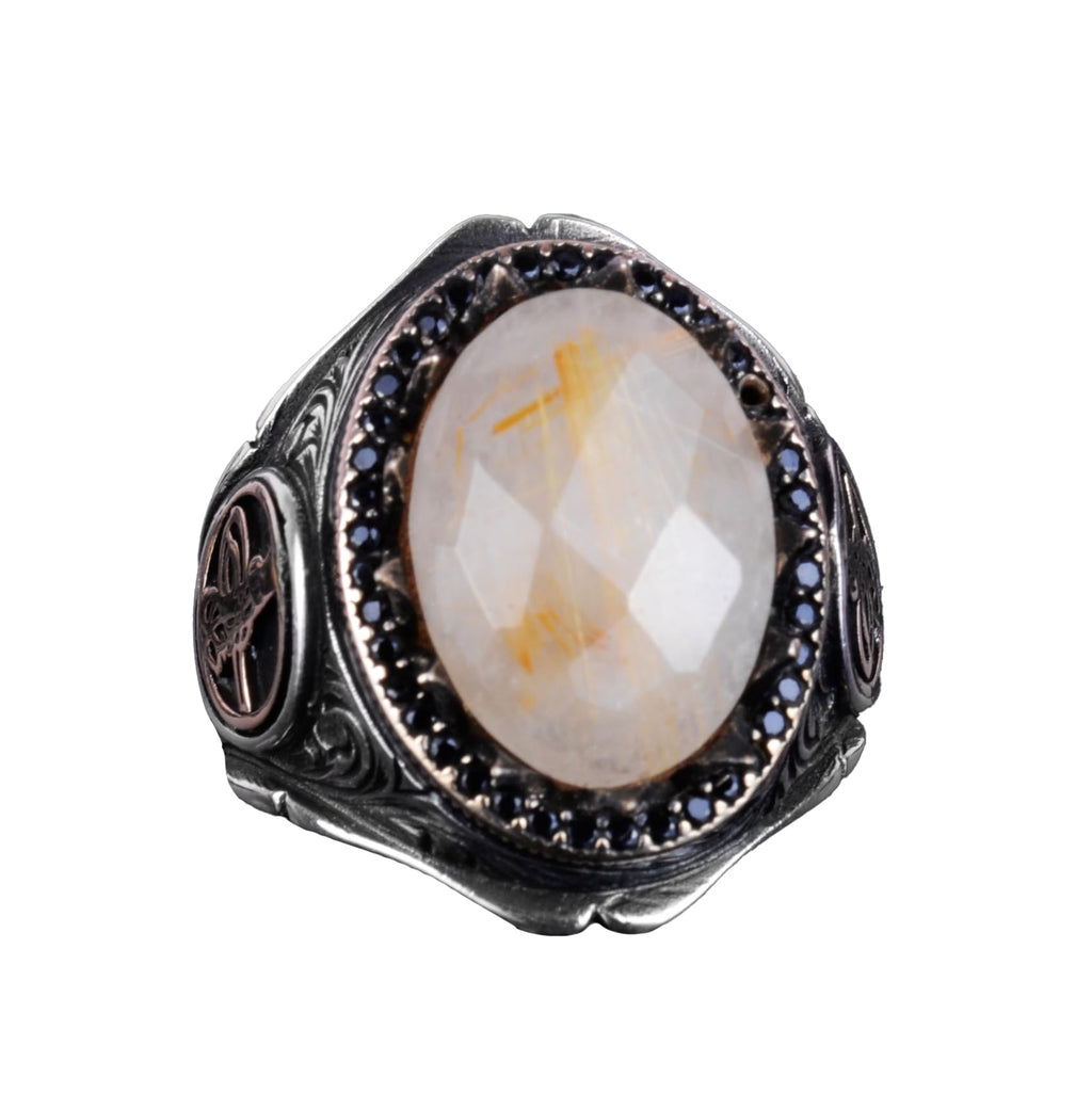 925 Sterling Silver Men's Ring - Handmade Elegance with Natural Stone (Golden Rutilated Quartz)
