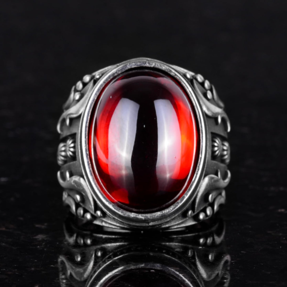 Manufactured Stone Ring, 925 Sterling Silver Ring, Design Silver Men's Ring (Cabochon Made Garnet Stone) — 6