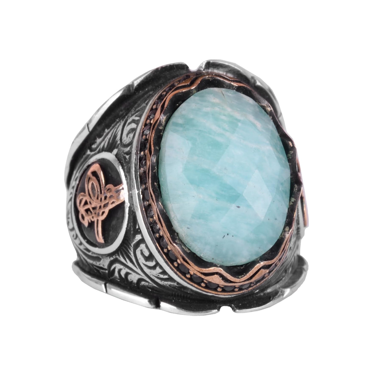 Ottoman Tugra Silver Ring, Natural Stone Ring, 925 Sterling Silver Ring (Amazonite)