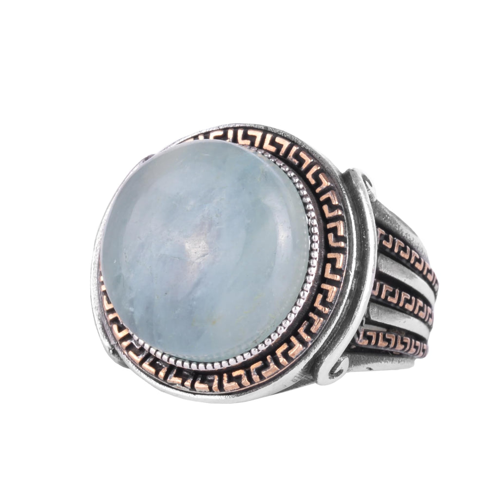 KAMBO Stone Round Men's Ring 925 Sterling Silver – Cabochon Handmade Vintage Greek Pattern Statement Ring (Aquamarine)