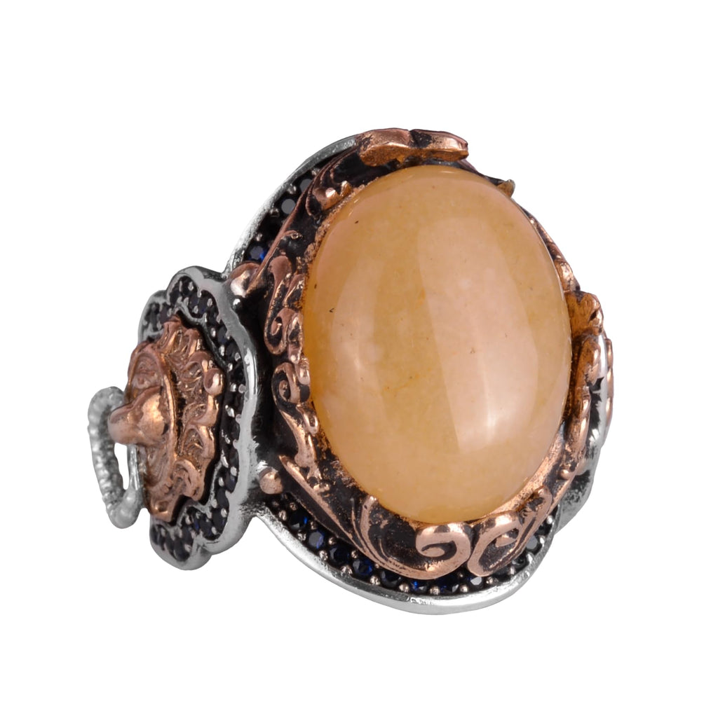 Lion Head Men's Ring, 925 Sterling Silver Ring, Natural Yellow Agate Stone Ring, Silver Men's Ring