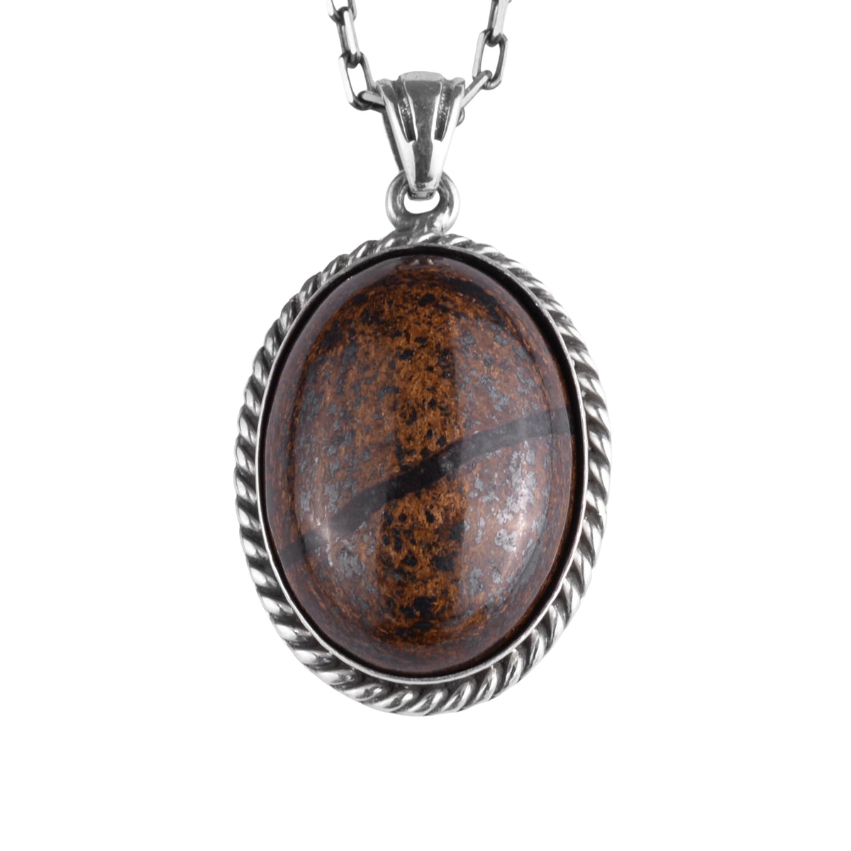 KAMBO Natural Stone Chain Unisex Necklace 925 Sterling Silver – Handmade Oval Description Necklace (Bronzite)
