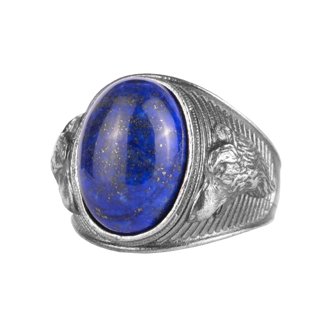 KAMBO Natural Stone Men's Ring – 925 Sterling Silver Ring – Wolf Head Expression – Vintage Men's Jewelry (Lapis Lazuli)