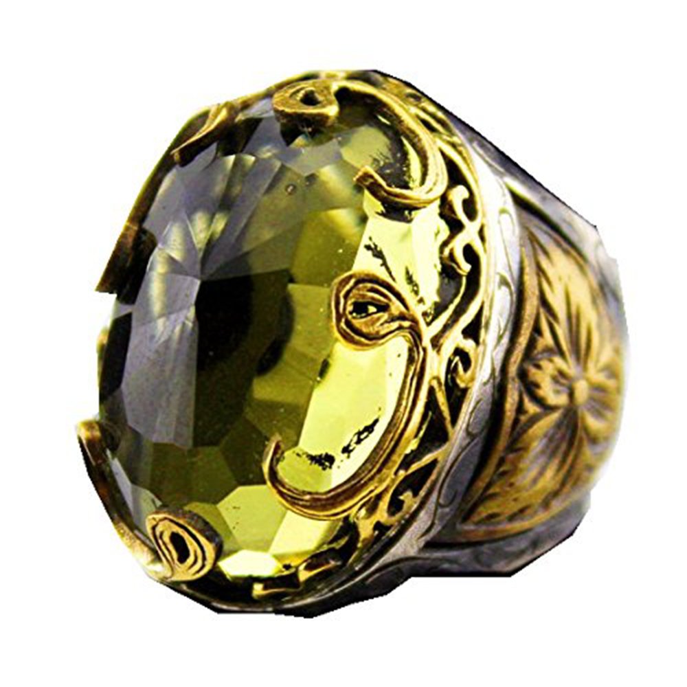 KAMBO Handmade 925 Sterling Silver Unisex Ring with Citrine Stone, Ottoman Emperor VAV Pattern, Vintage Anatolya Design,