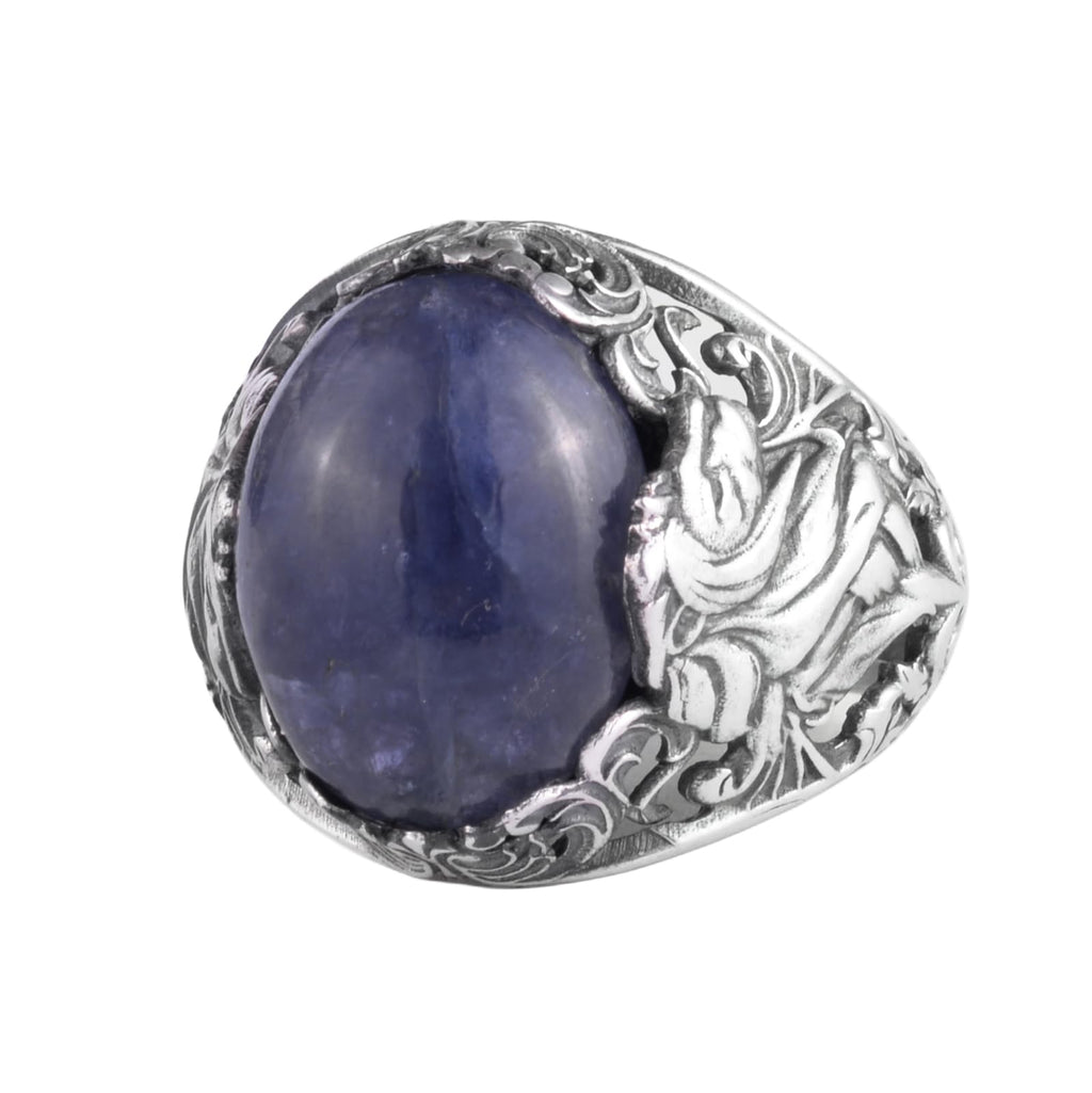 KAMBO Natural Stone Men's Ring 925 Sterling Silver - Large Flower Engraved Statement Ring - Handmade Vintage Ring for Men (Tanzanite)