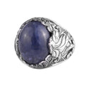 KAMBO Natural Stone Men's Ring 925 Sterling Silver - Large Flower Engraved Statement Ring - Handmade Vintage Ring for Men (Tanzanite)