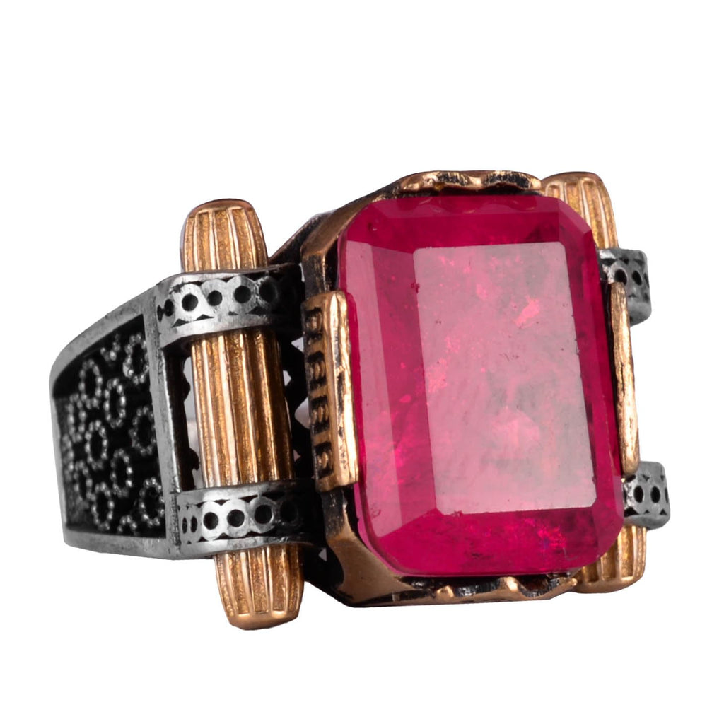 KAMBO Synthetic Red Paraiba Stone Men's Ring - Handmade Unique 925 Sterling Silver Men's Ring