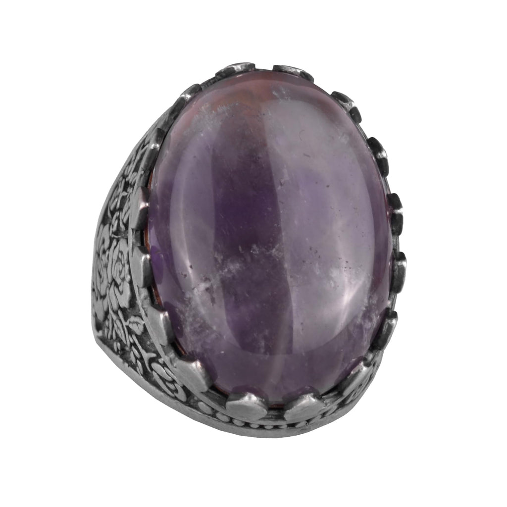 Natural Amethyst Stone Ring - Rose Pattern 925 Sterling Silver Ring