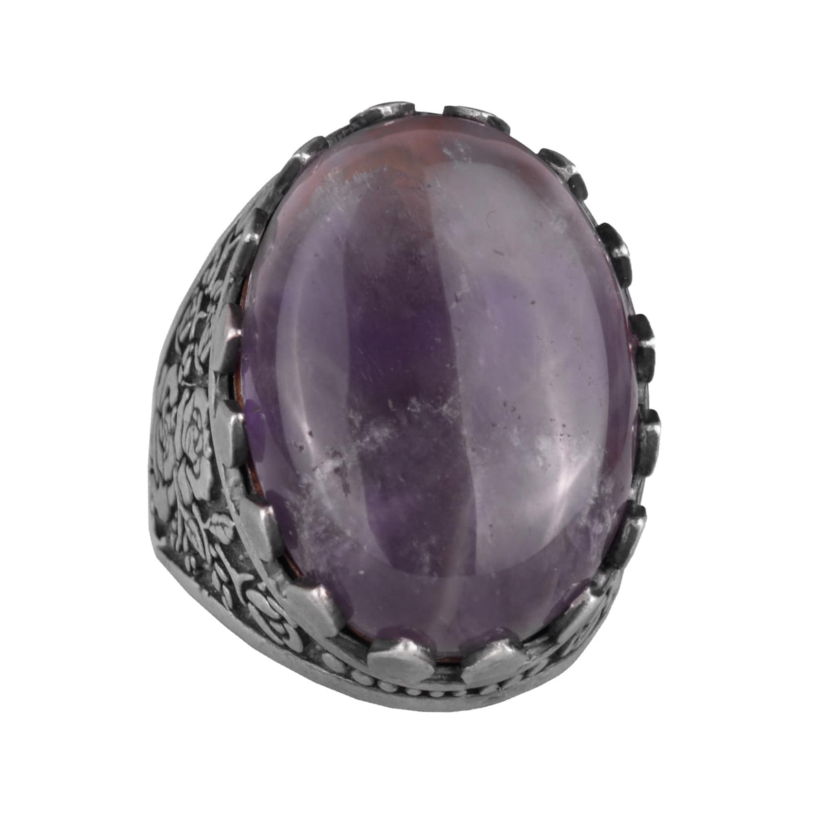 Natural Amethyst Stone Ring - Rose Pattern 925 Sterling Silver Ring
