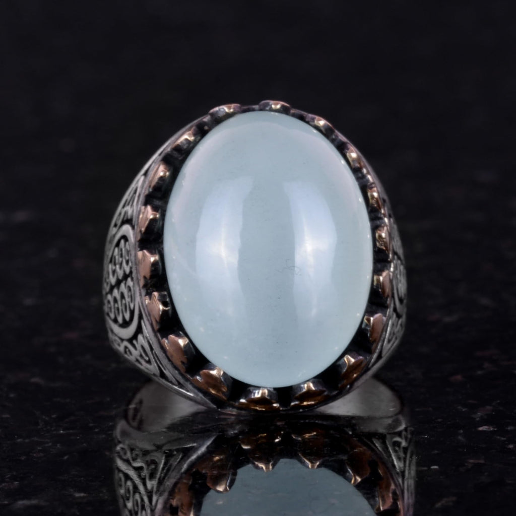 925 Sterling Silver Men's Ring - Handmade Elegance with Natural Stone (Cabochon Aquamarine) — 2