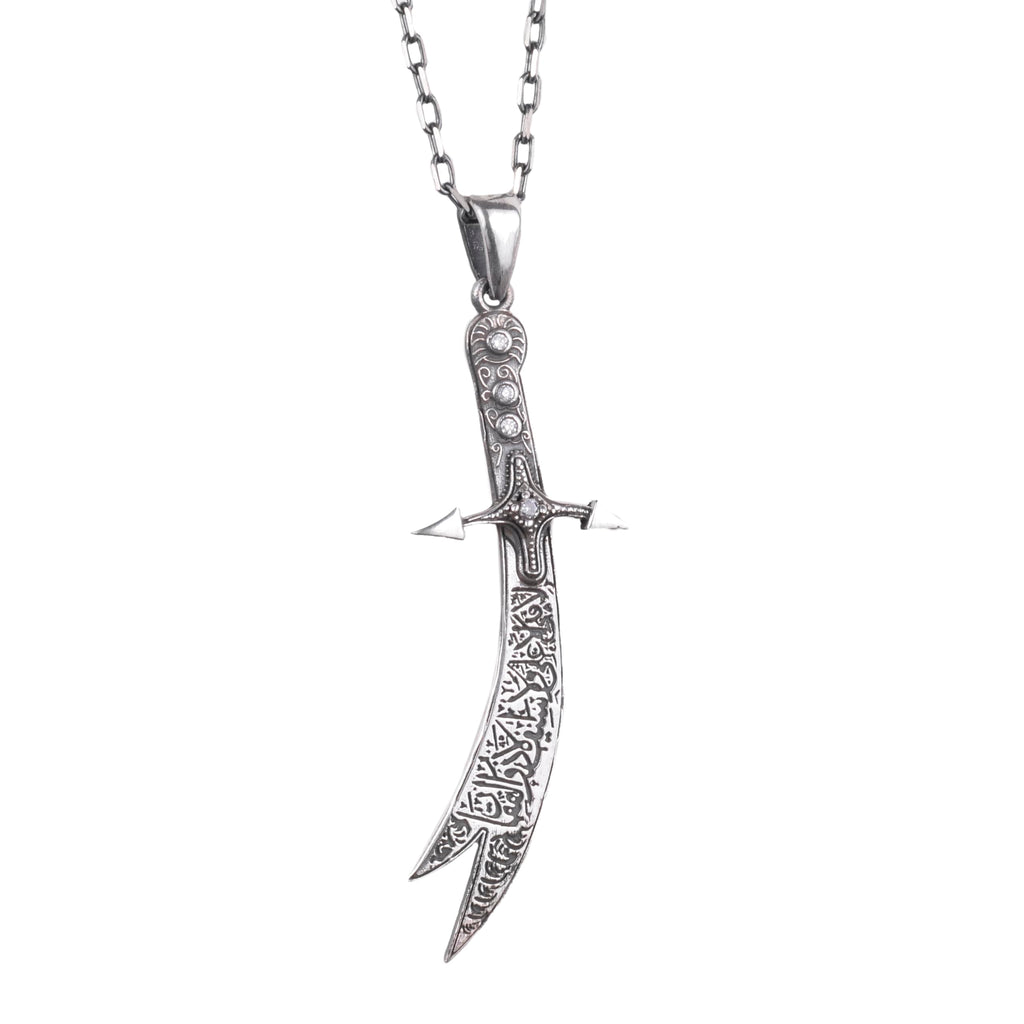 925 Sterling Silver Zulfiqar Sword Necklace - Zircon Stone Islamic Jewelry (White)