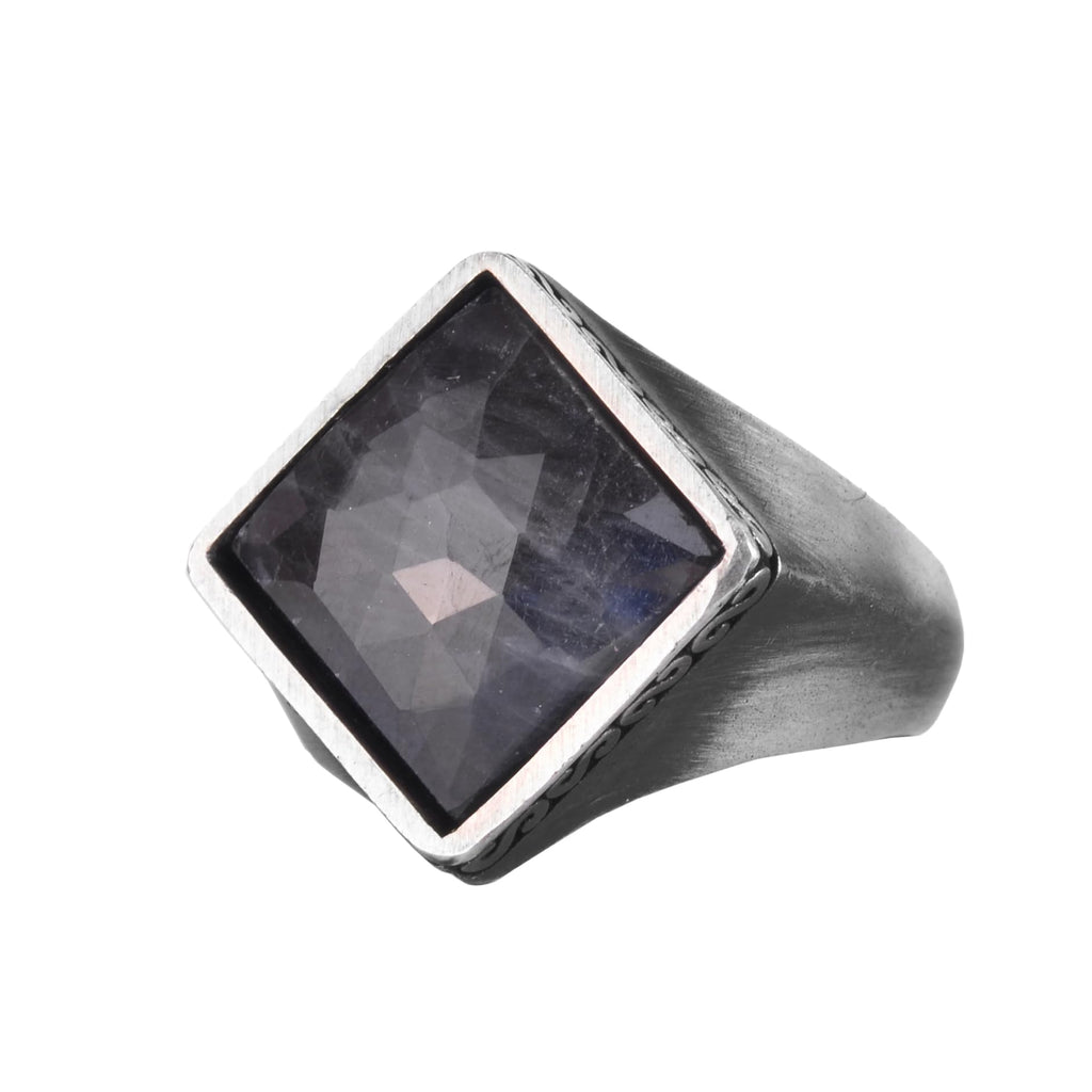 KAMBO Natural Stone Men's Ring 925 Sterling Silver – Square Cut Stone Handmade Minimalist Statement Ring (Blue Sapphire)