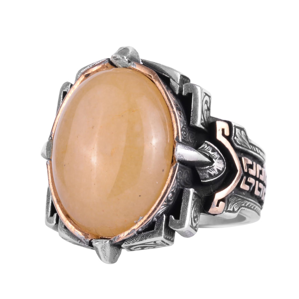 KAMBO Natural Stone Ring 925 Sterling Silver – Handmade Men's Statement Ring Healing Jewelry (Yellow Agate)